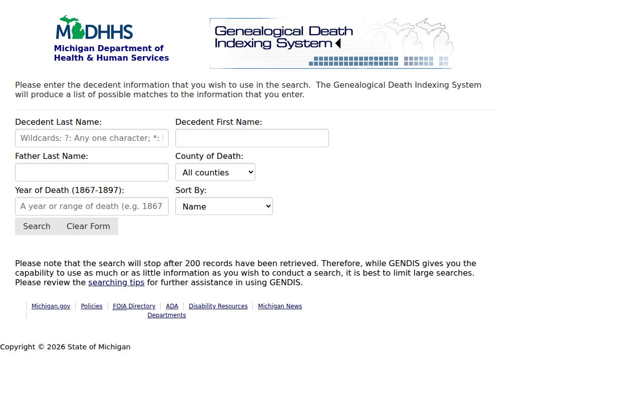 Westland resident lookup Michigan GENDIS historic death index