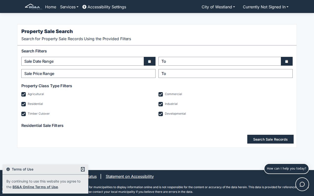 Westland ZIP code directory BS&A property search filters