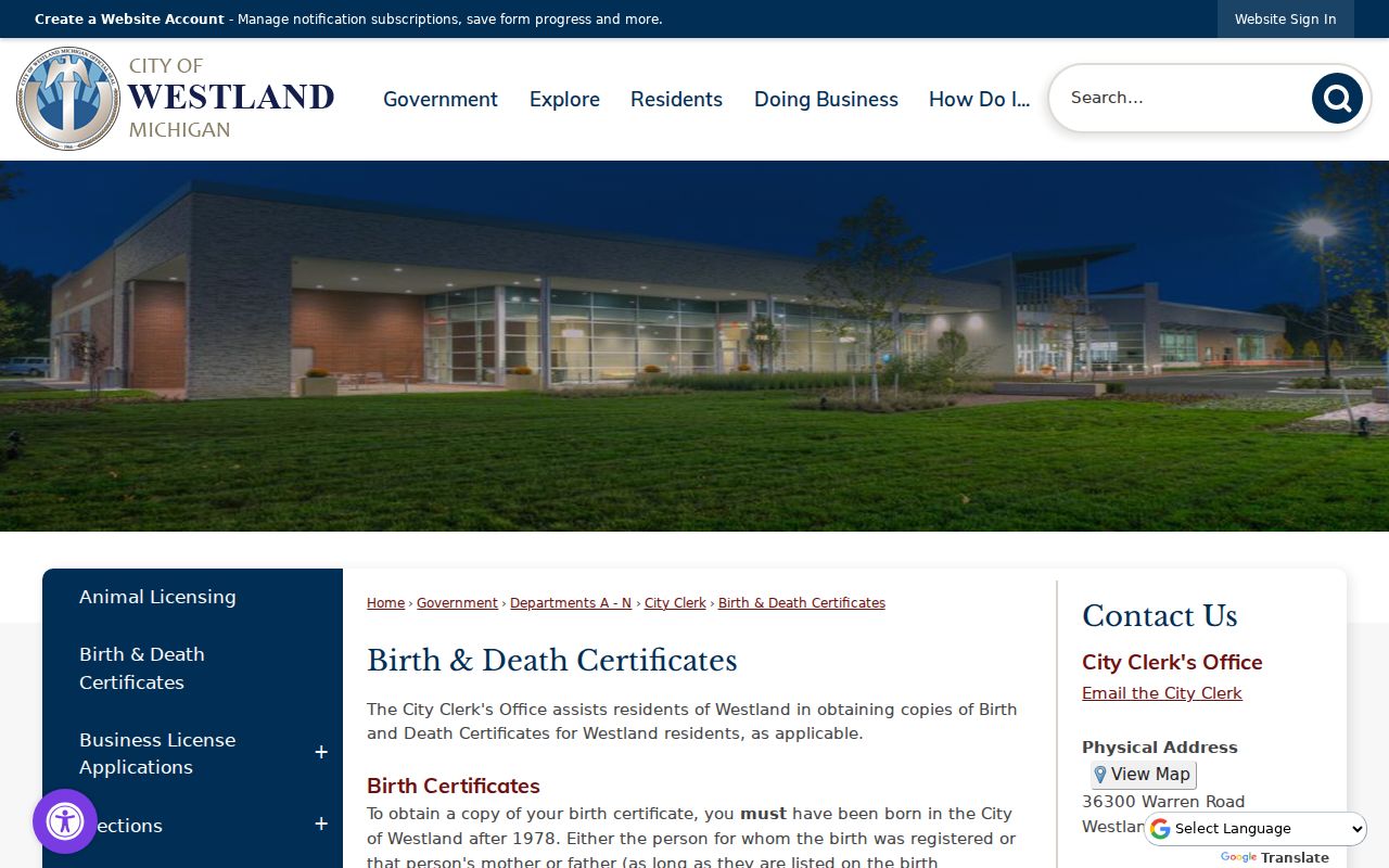 Westland residents directory local birth and death certificate service